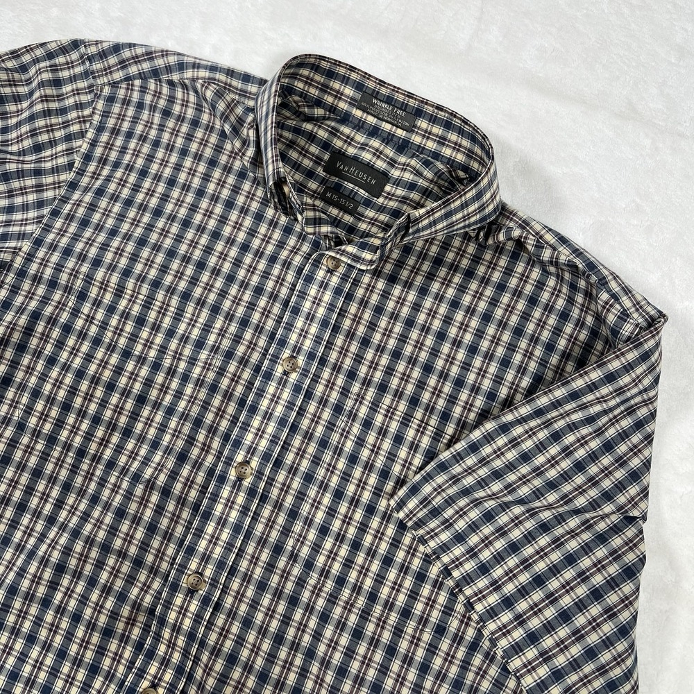 Van Heusen Tan‎ Plaid Button Down Collared Men Medium 15-15.5 Wrinkle Free